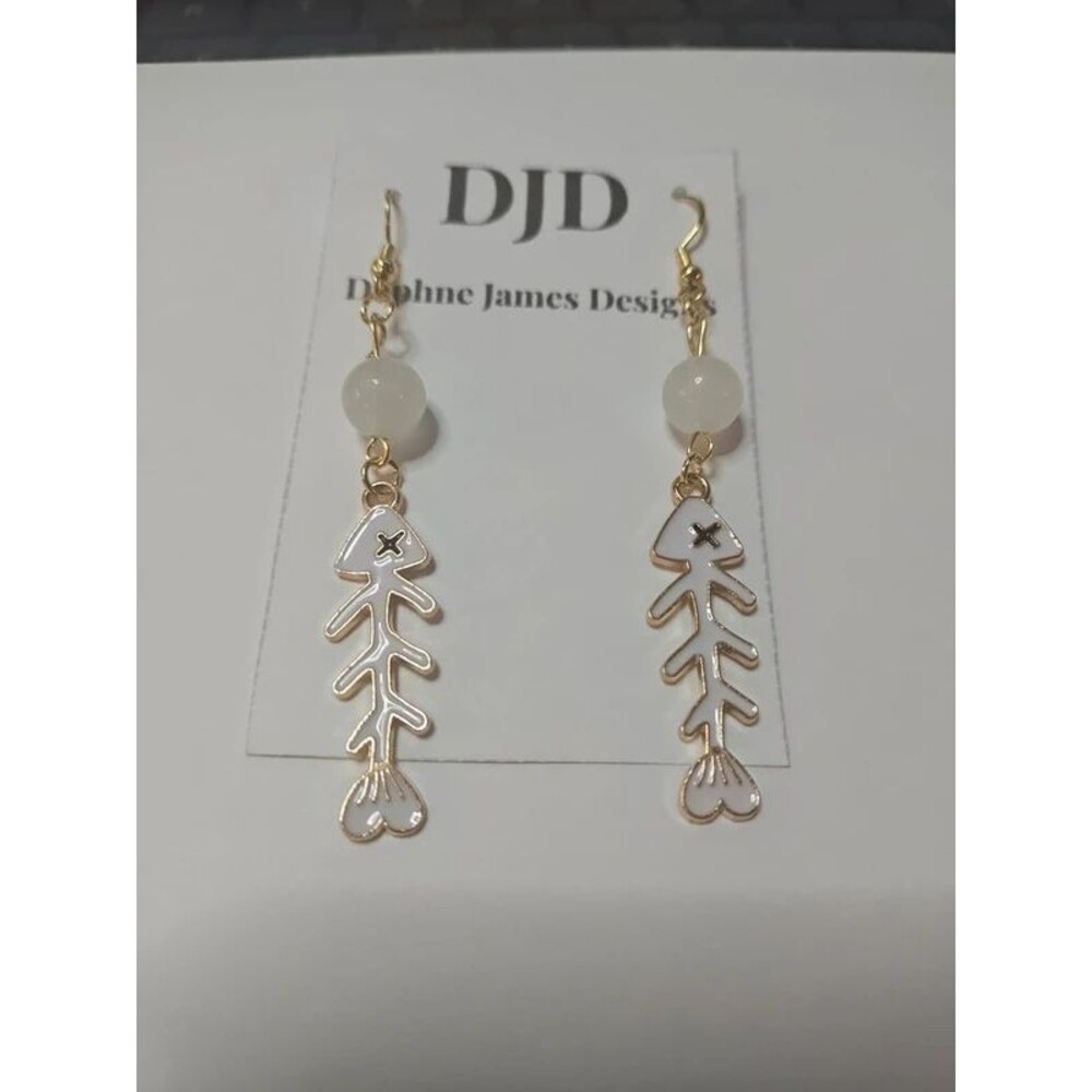 Handmade Gold Fishbone Dangle Earrings | White Bead Drop Earrings